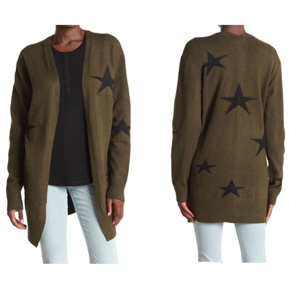 Sweet Romeo Olive Green Star Intarsia Longline Open Front Cardigan Sweater Small